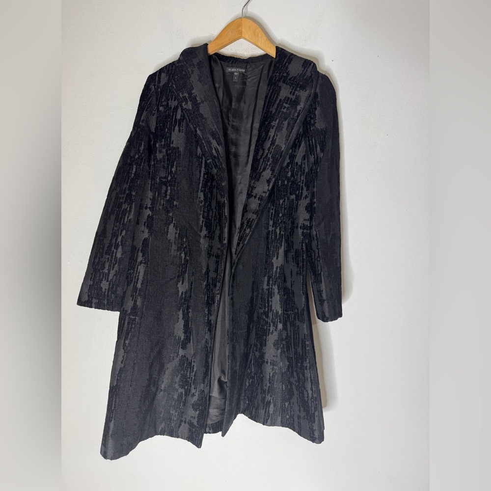Eileen Fisher Black Velvety Open Front Collared 3/4 Sleeve Jacket Sz Small